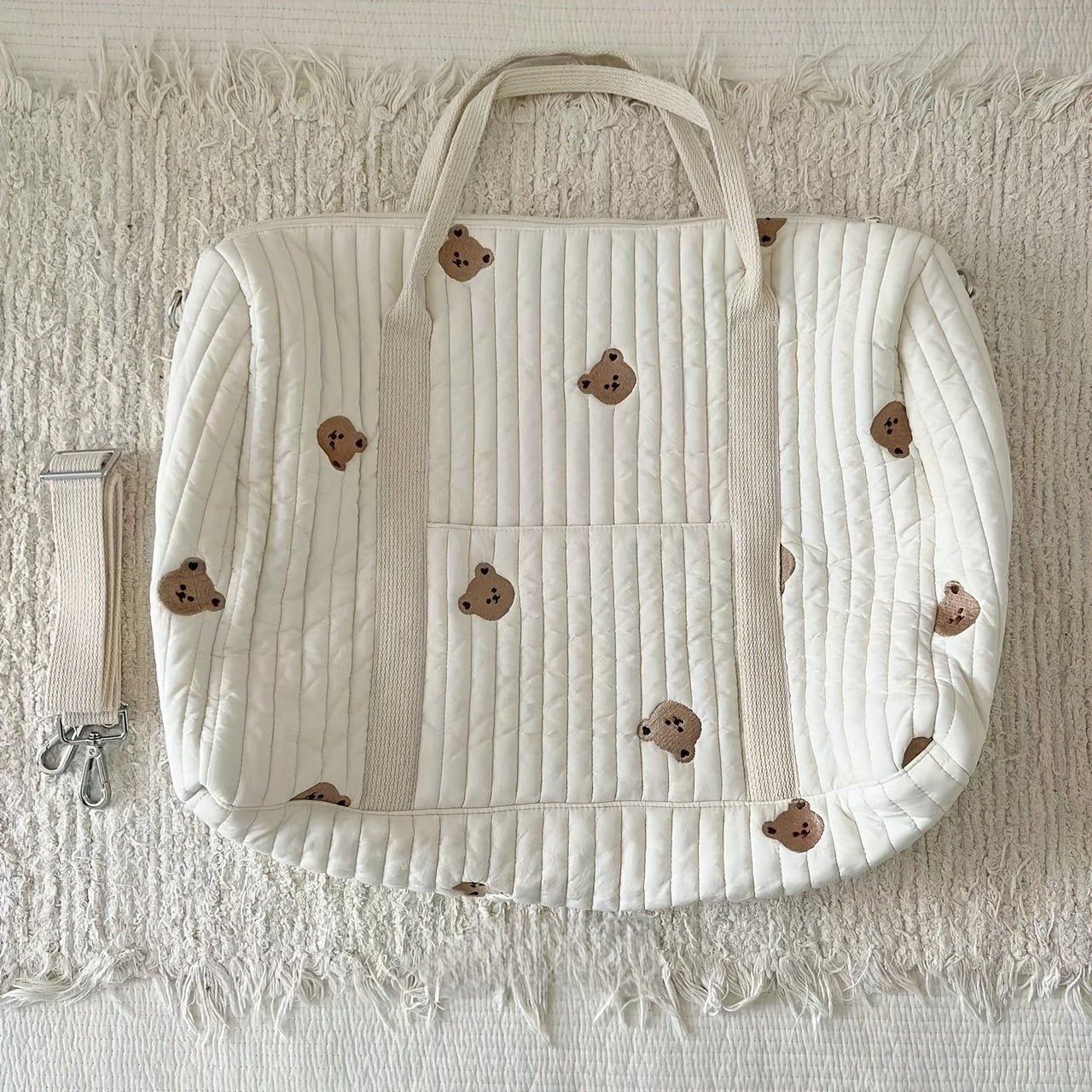 Bolso de pañal acolchado para mamás con bordado de oso, ligero de poliéster, con múltiples compartimentos