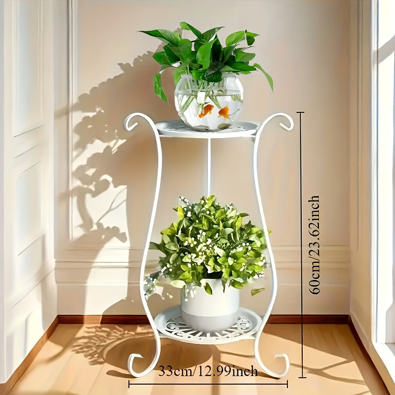 Black 2-Tier Iron Plant Stand Indoor Outdoor Decorative Vines Lightweight Sturdy