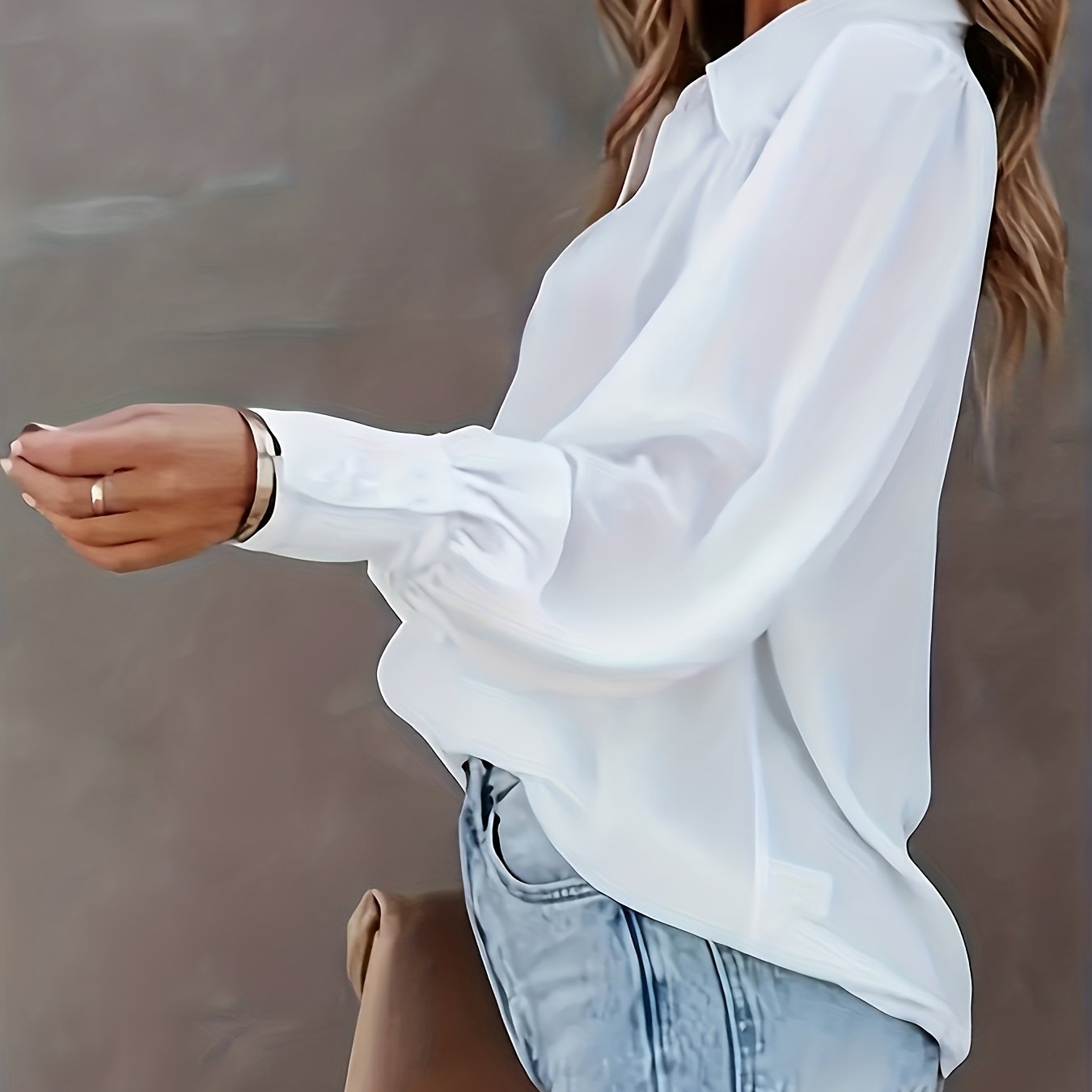 Plus Size Women Solid Color Shirt With Lapel Lantern Sleeves