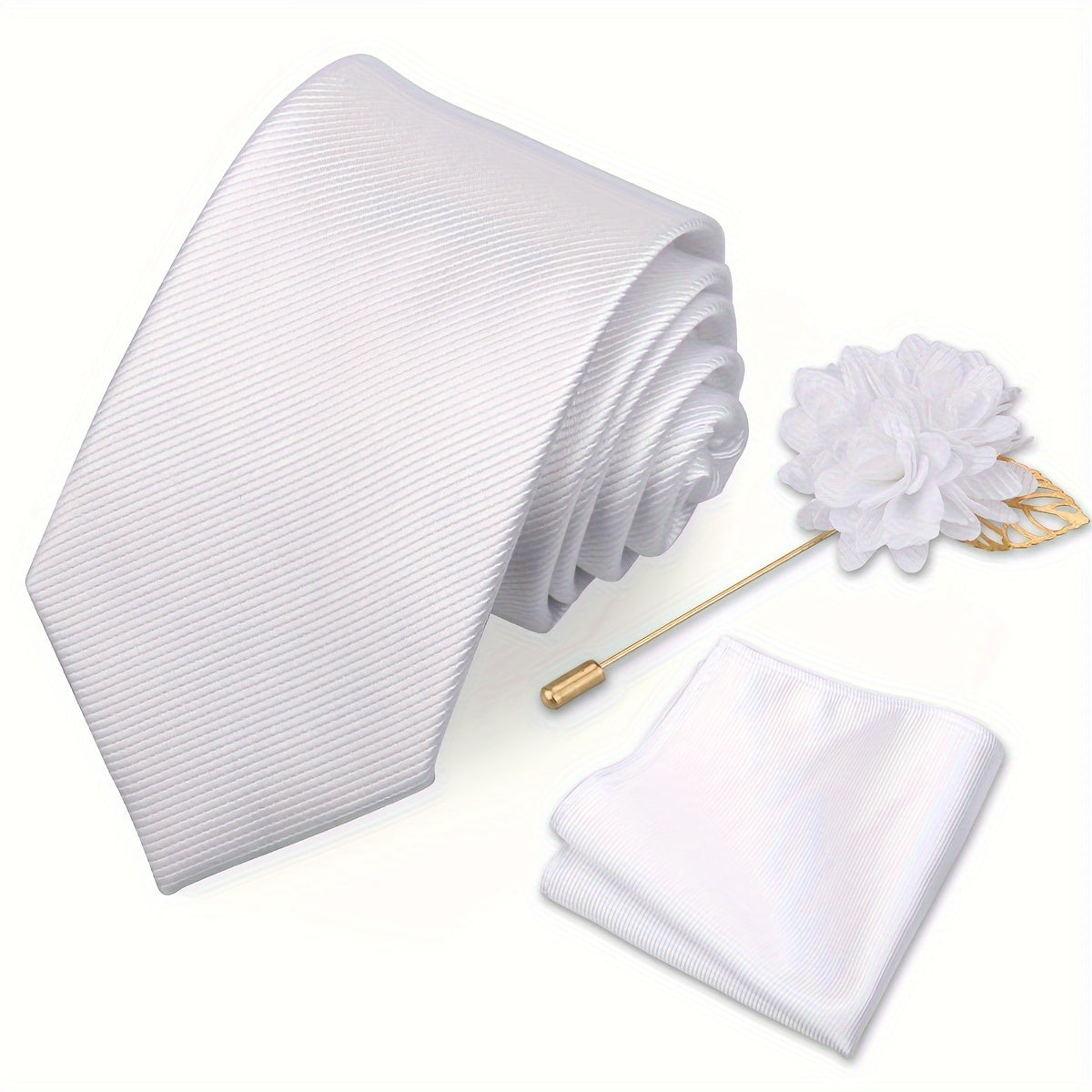 Men's Tie Set with Pocket Towel and Brooch, Classic Striped Plain Design