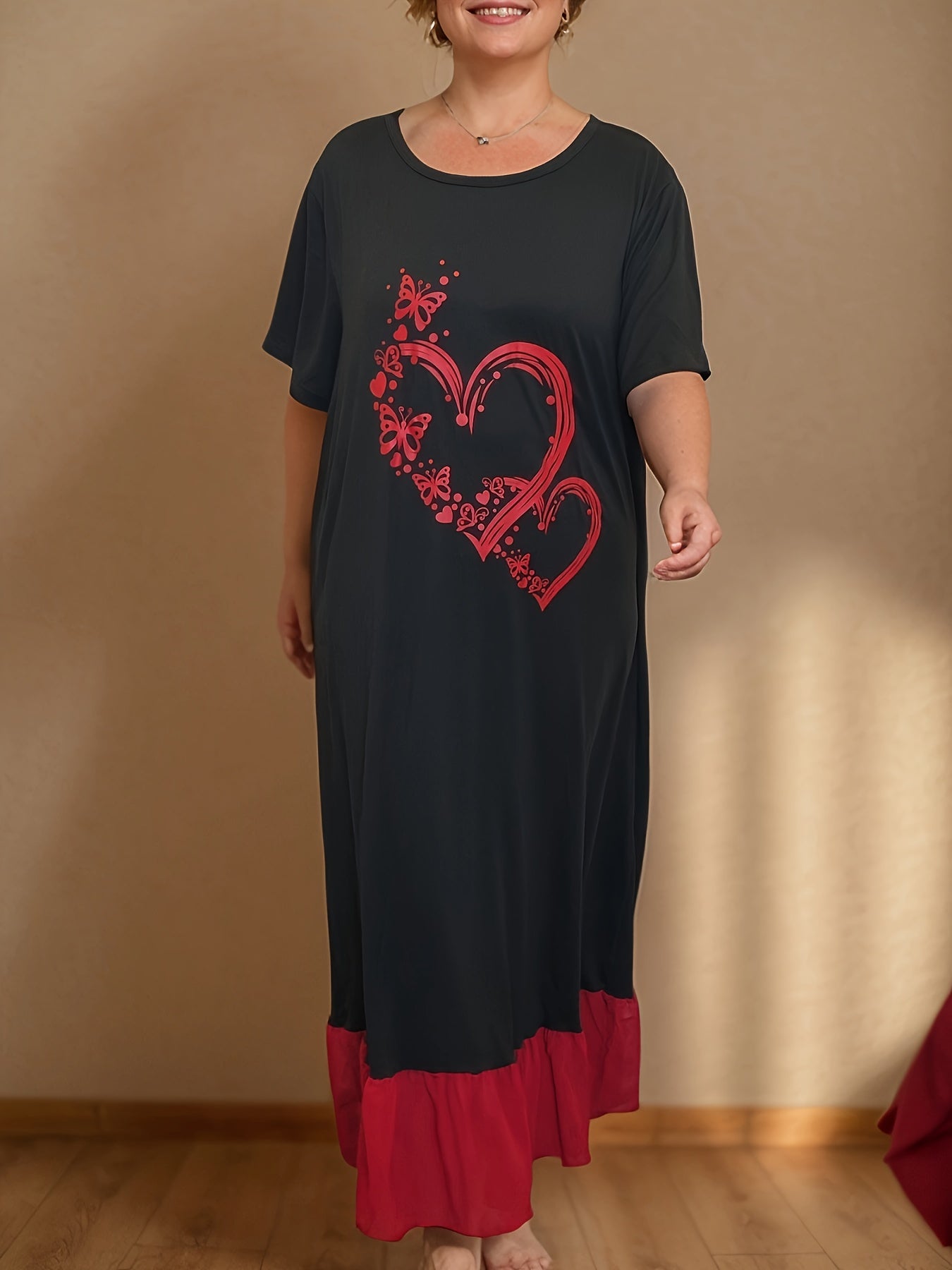 Plus Size Black Chiffon Nightgown with Red Ruffle Hem and Heart