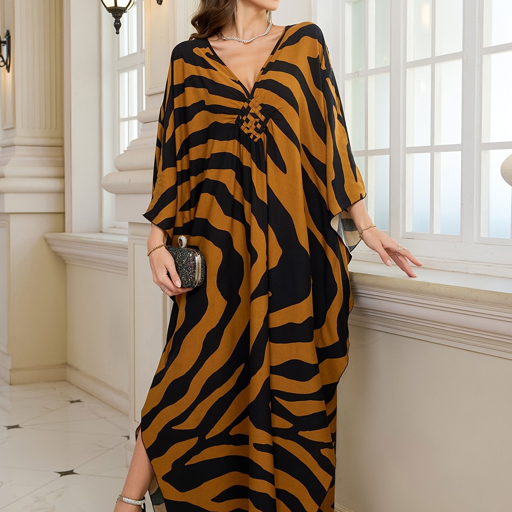 Women's Brown Zebra Print V-Neck Abaya Maxi Dress with Side Slit