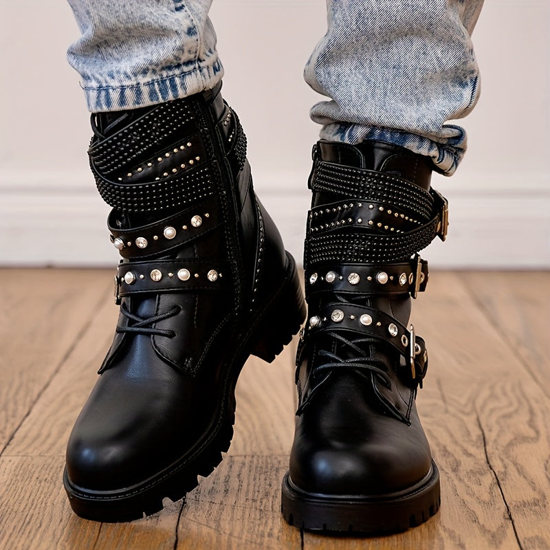 Women's Gothic Punk Motorcycle Boots Faux Leather Chain Zipper Black Chunky Platform