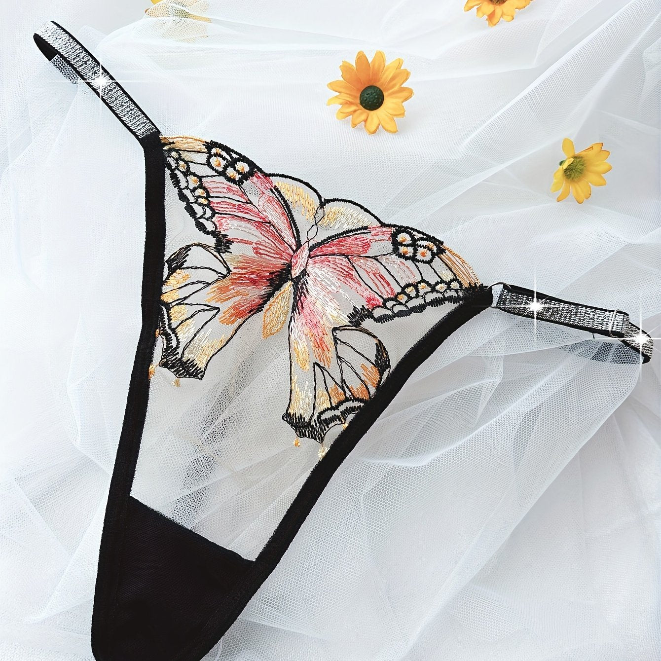 Purple Semi-Sheer Polyester Blend Thong with Butterfly Embroidery and Glitter Trim for Women
