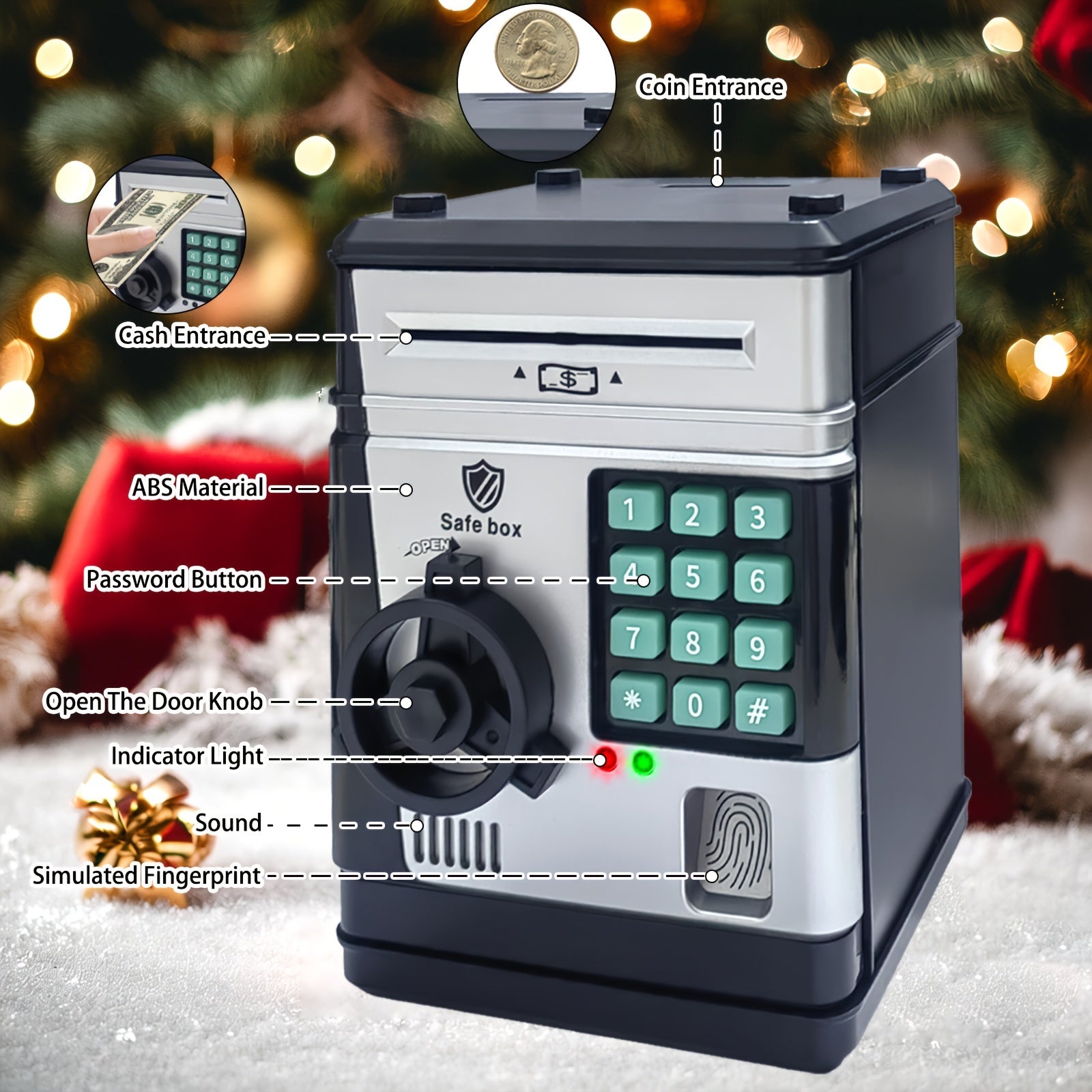 ABS Resin Piggy Bank for Kids with Password Lock Black 6+ Gift Holiday Birthday