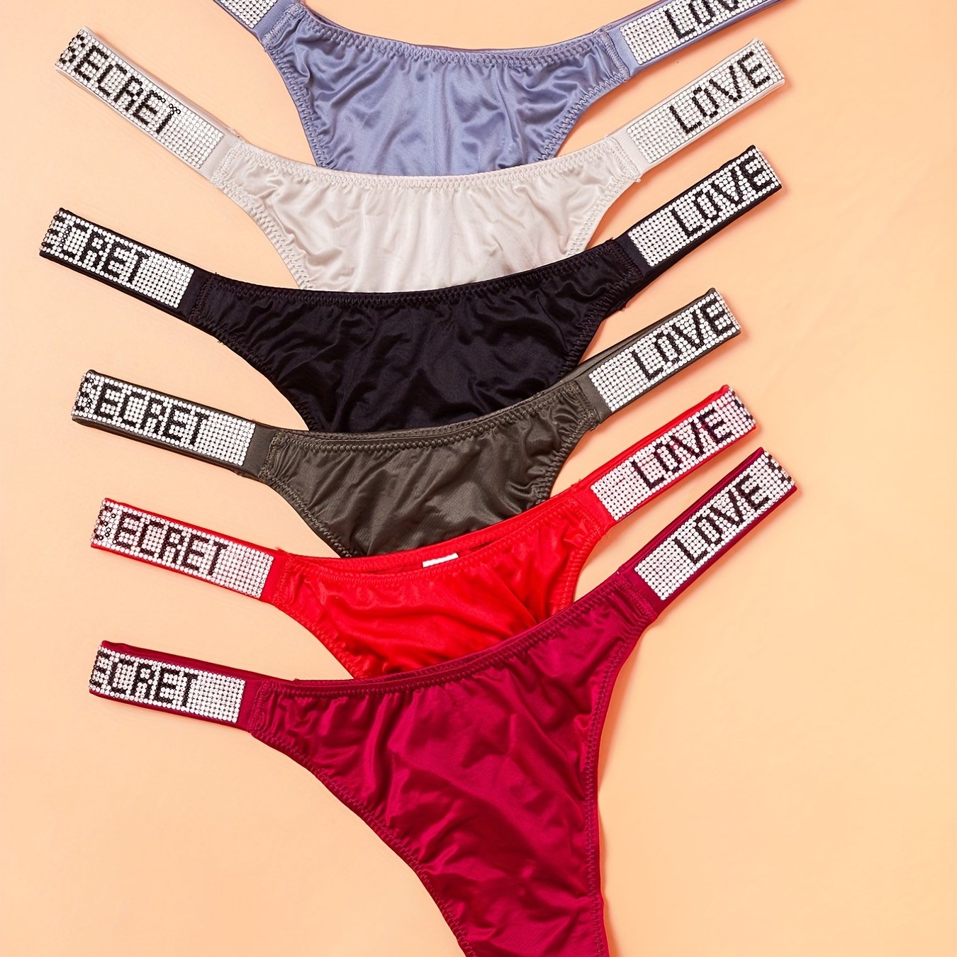 Women's Rhinestone Letter Thongs Low Waist Sports Lingerie Set 6 Pieces