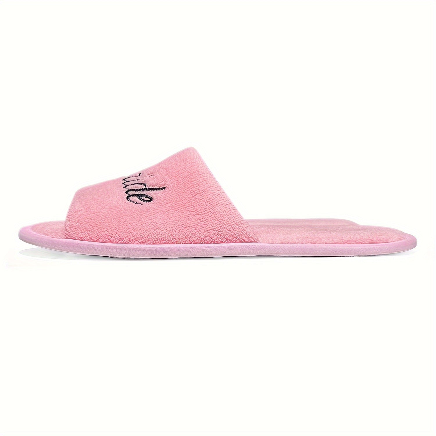 Pink Bridal Party Slippers Open Toe Plush Comfort Flat Shoes Non-Slip Soft Sole