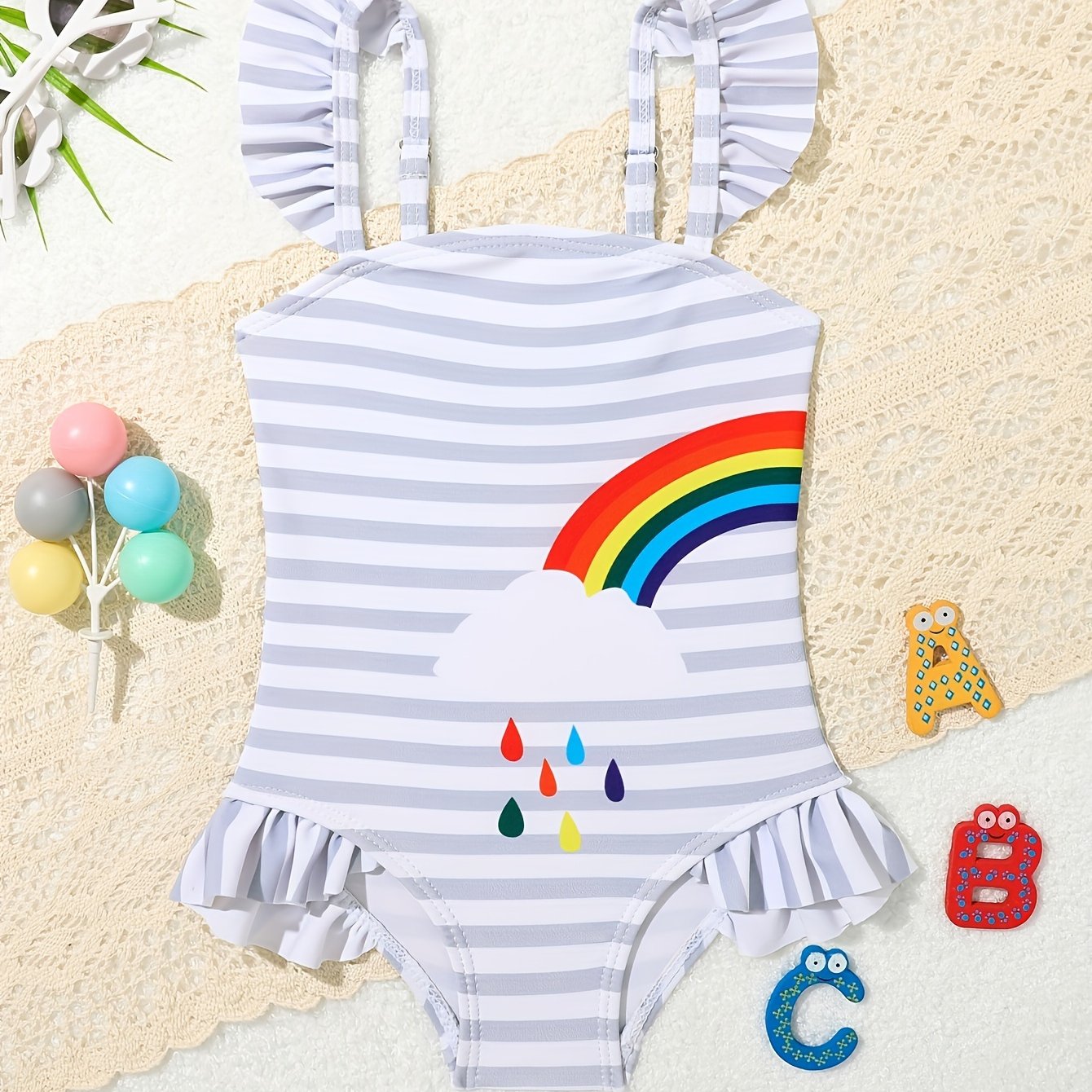 Qizlar uchun sevimli ananas naqshli bir qismli suzish kiyimi, tez quriydigan, cho'ziluvchan polyesterdan tayyorlangan, ruffle detali, bolalar uchun yelkasiz dizayn.