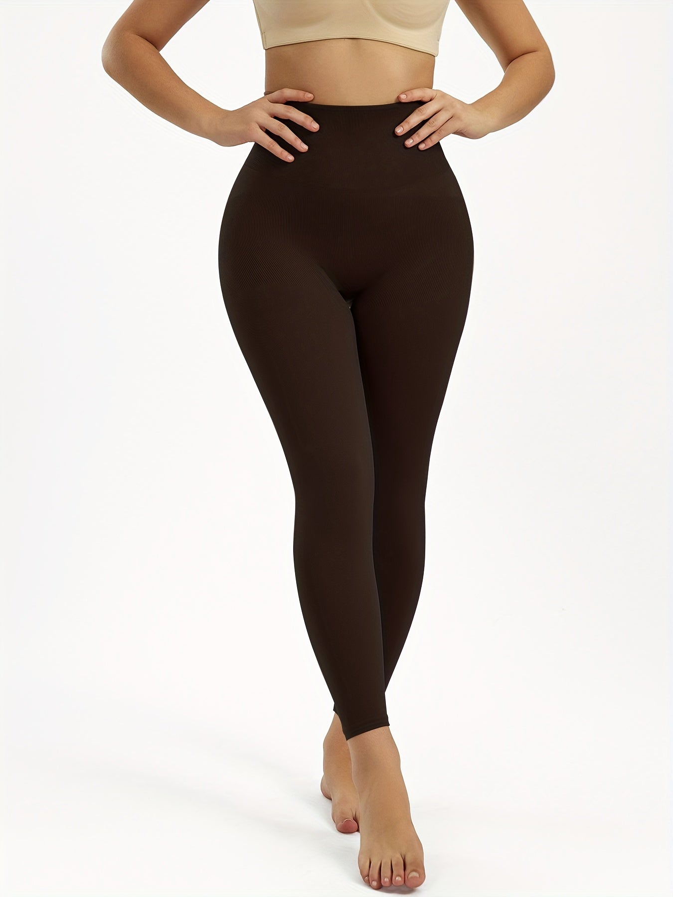 Women's High Waist Shaping Leggings Tummy Control Butt Lift Seamless Brown Yoga Running Casual