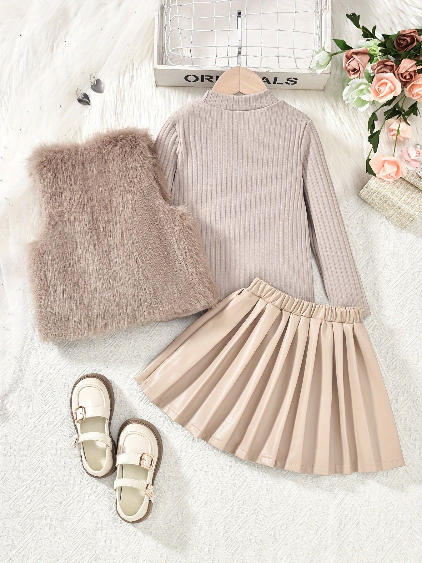Girls' Knit Set with Mock Neck Top, Pleated Skirt, Furry Bow Vest for Fall Winter