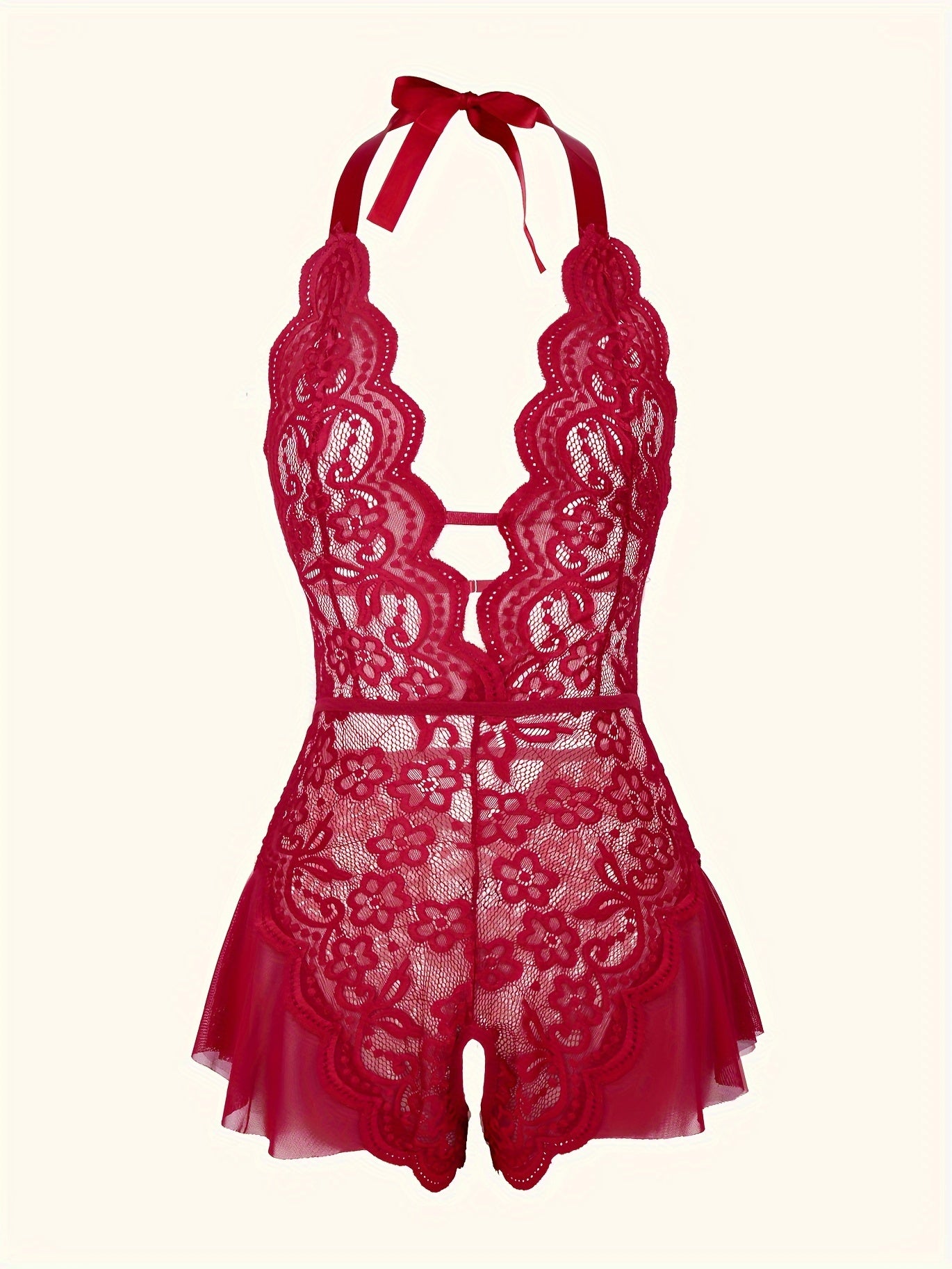 Кружевной сетчатый тедди для женщин с глубоким V, открытым промежностью, боди-халтер, сексуальное белье