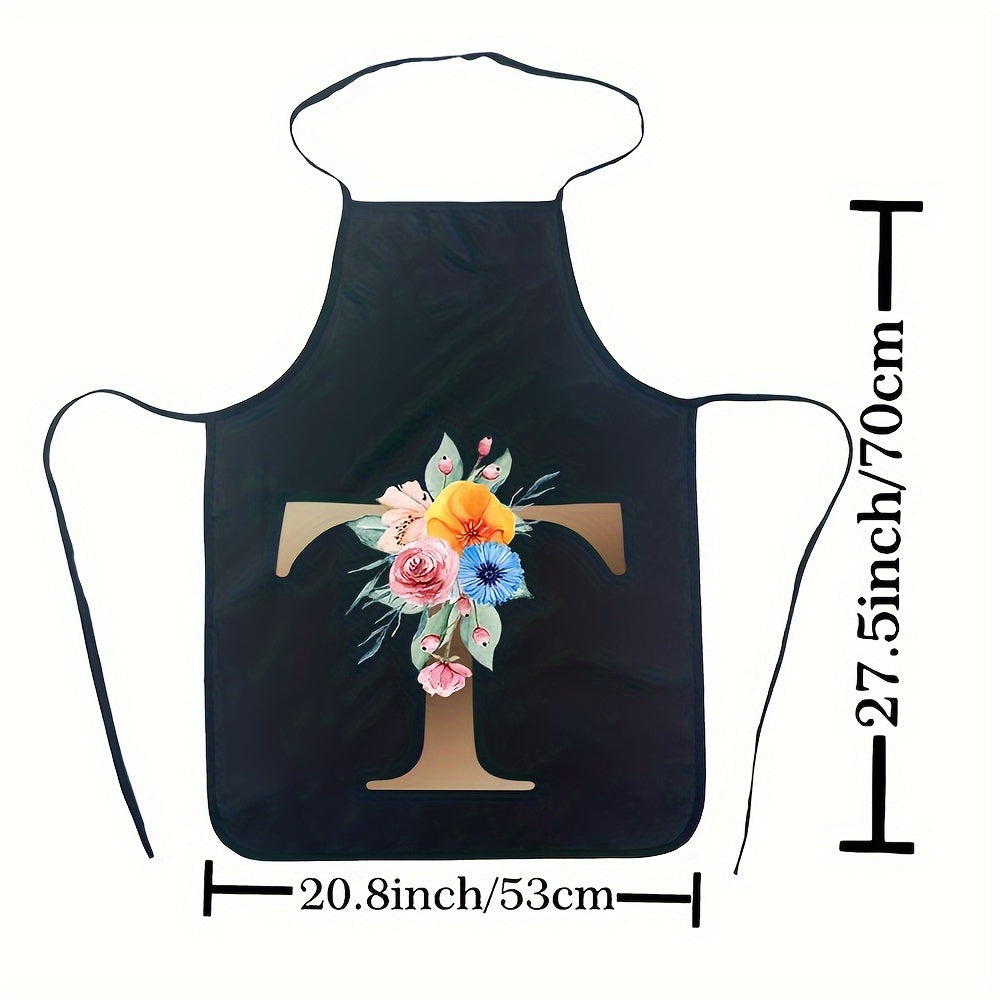Women's Floral Polyester Kitchen Apron with Letter Print and Monogram
