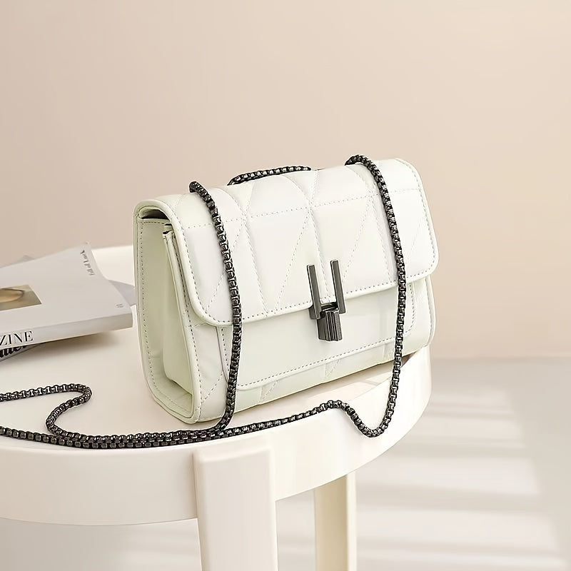 Women's Quilted PU Shoulder Bag with Chain Strap and Turn-Lock Closure