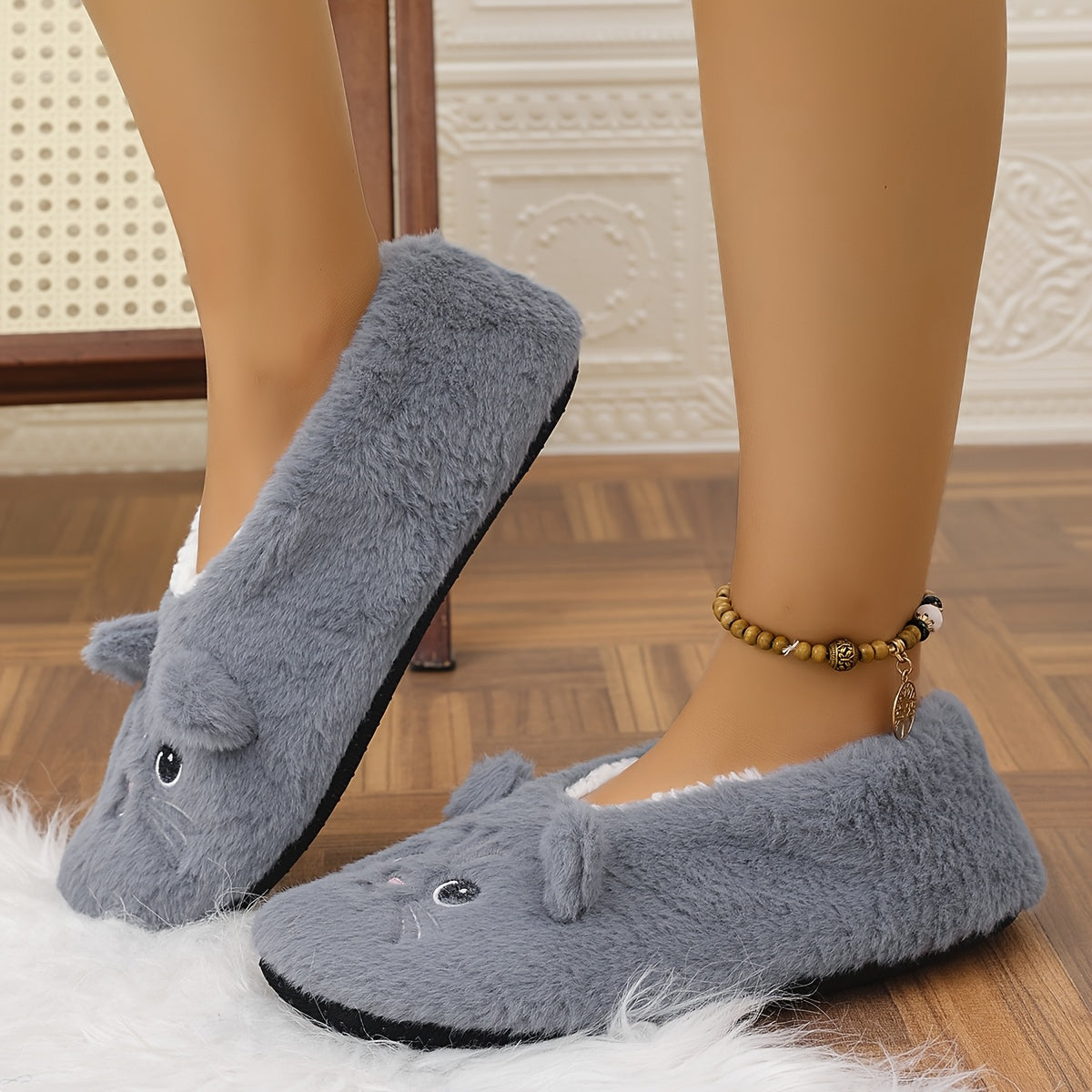 Women's Plush Cartoon Cat Slippers Non-Slip Indoor Casual Footwear