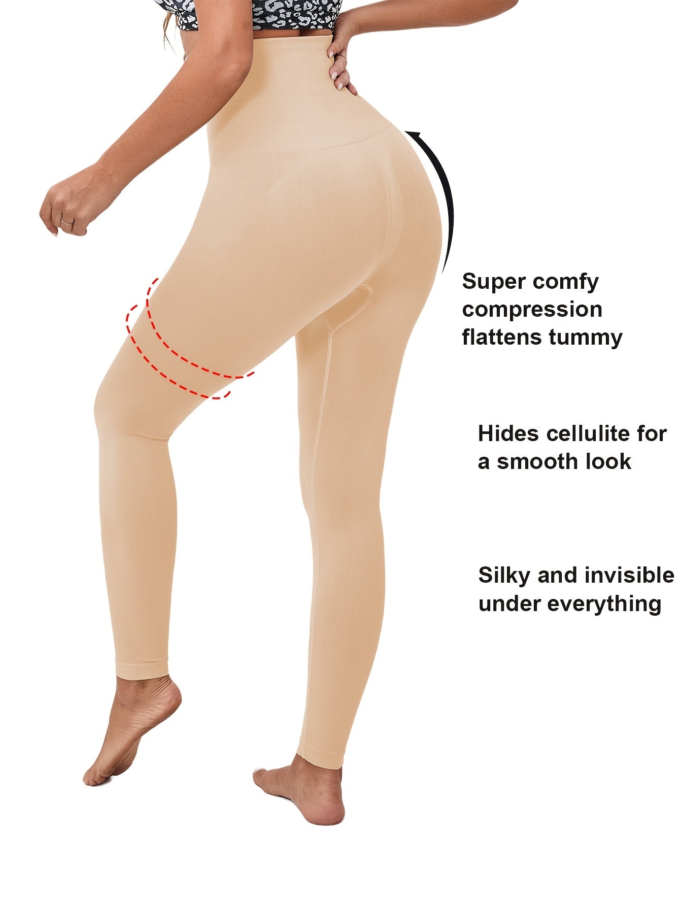 Yuqori belsiz, poliamid to'qima matodan tayyorlangan, mustahkam rangda, yuqori qo'llab-quvvatlashga ega, yoga va sport uchun anti-flab silikon tasmasi bilan jihozlangan leggings.