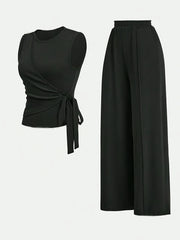 Women's Solid Color Pantsuit with Crew Neck Lace-Up Tank Top and Wide Leg Pants