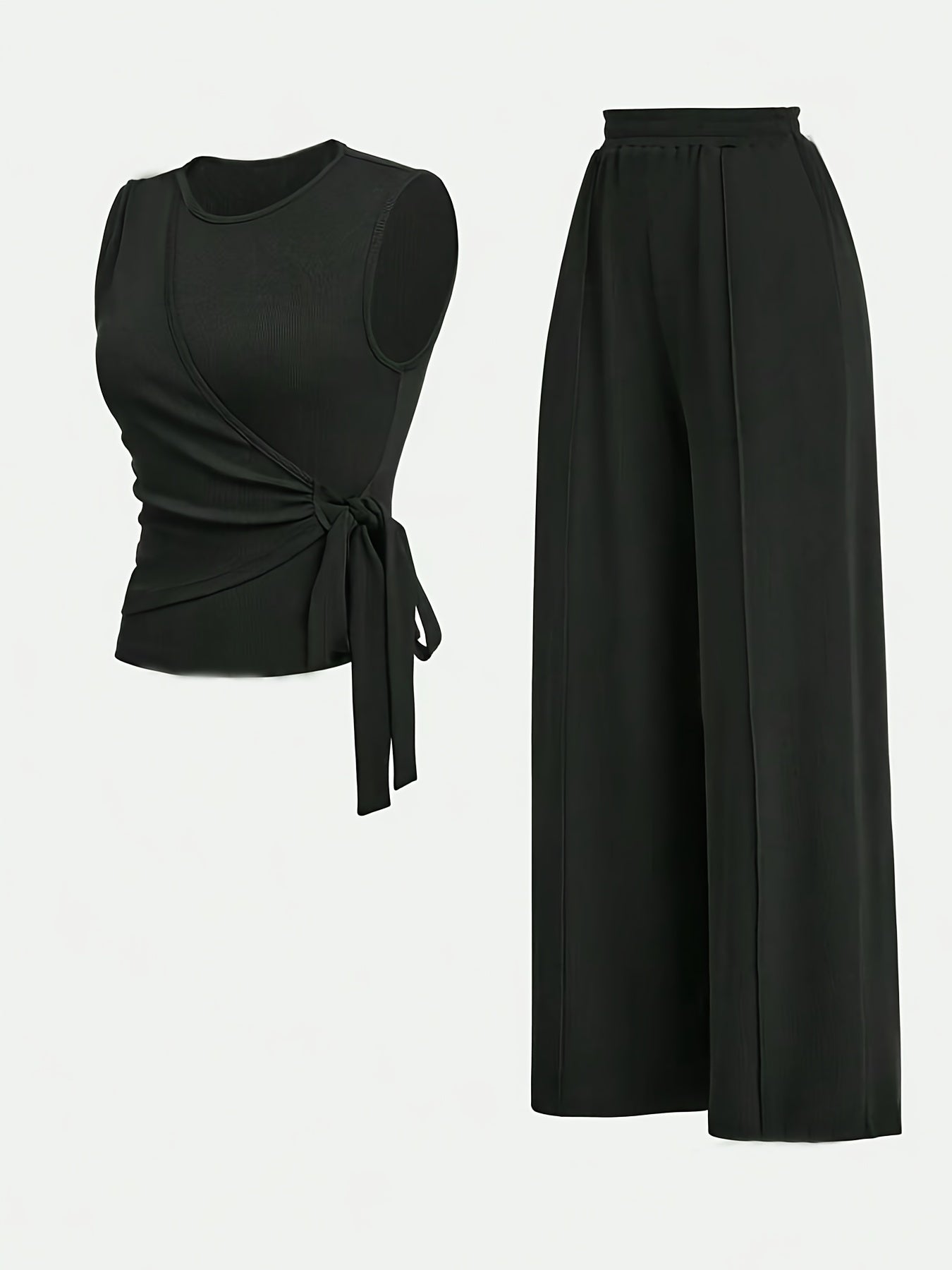 Women's Solid Color Pantsuit with Crew Neck Lace-Up Tank Top and Wide Leg Pants