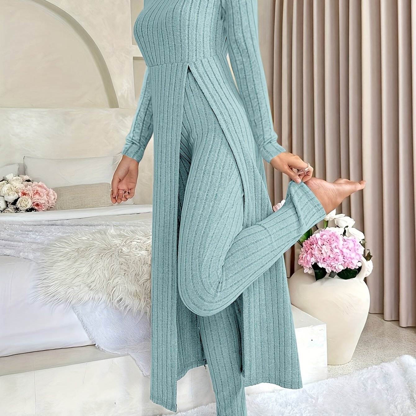 Women's Ribbed Long-Sleeved Top and Pants Set Polyester Solid Casual All-Season
