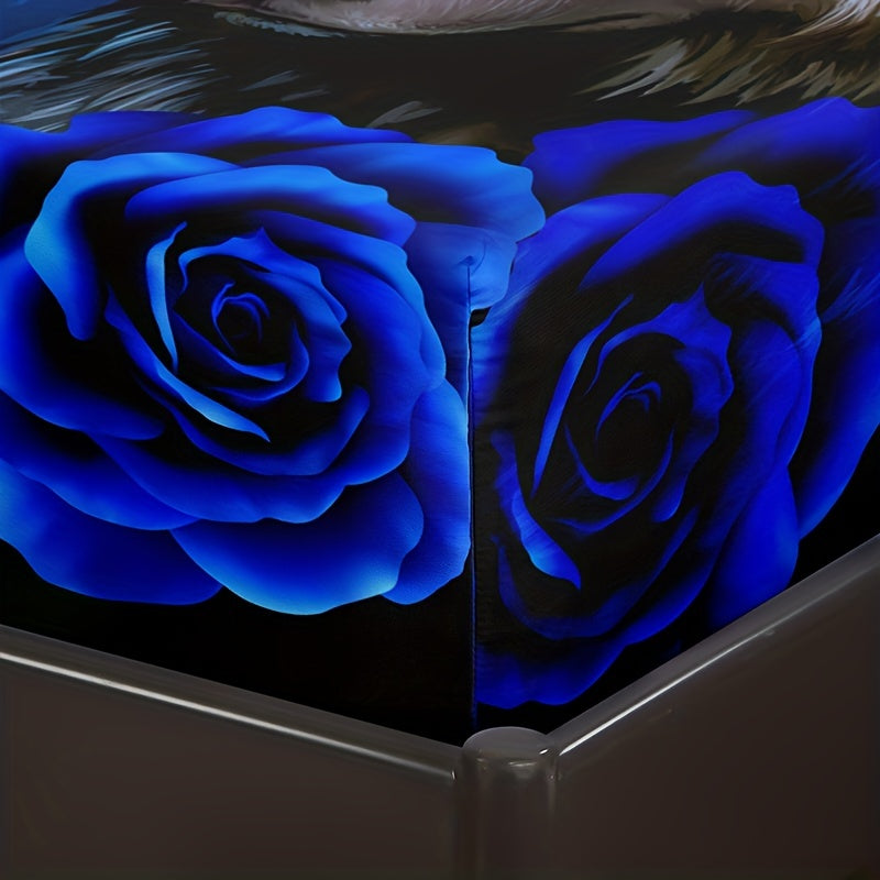 Conjunto de ropa de cama de lobo místico y rosa azul con sábana ajustable y fundas de almohada, impresión digital para todas las estaciones