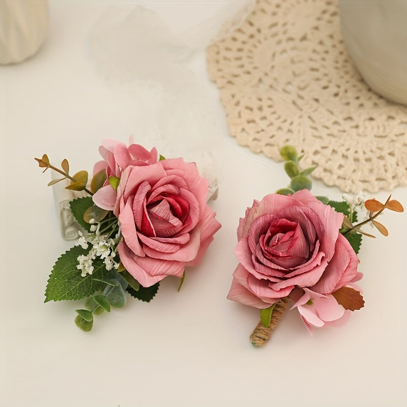 Set of 2 Bohemian Rose Flower Corsages and Wristlets for Weddings