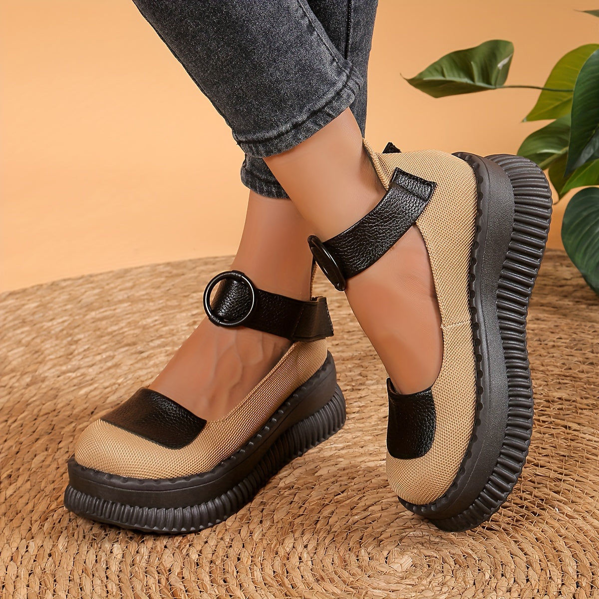 Women's Retro Thick Sole Wedge Shoes Beige Black Summer Casual Ankle Strap