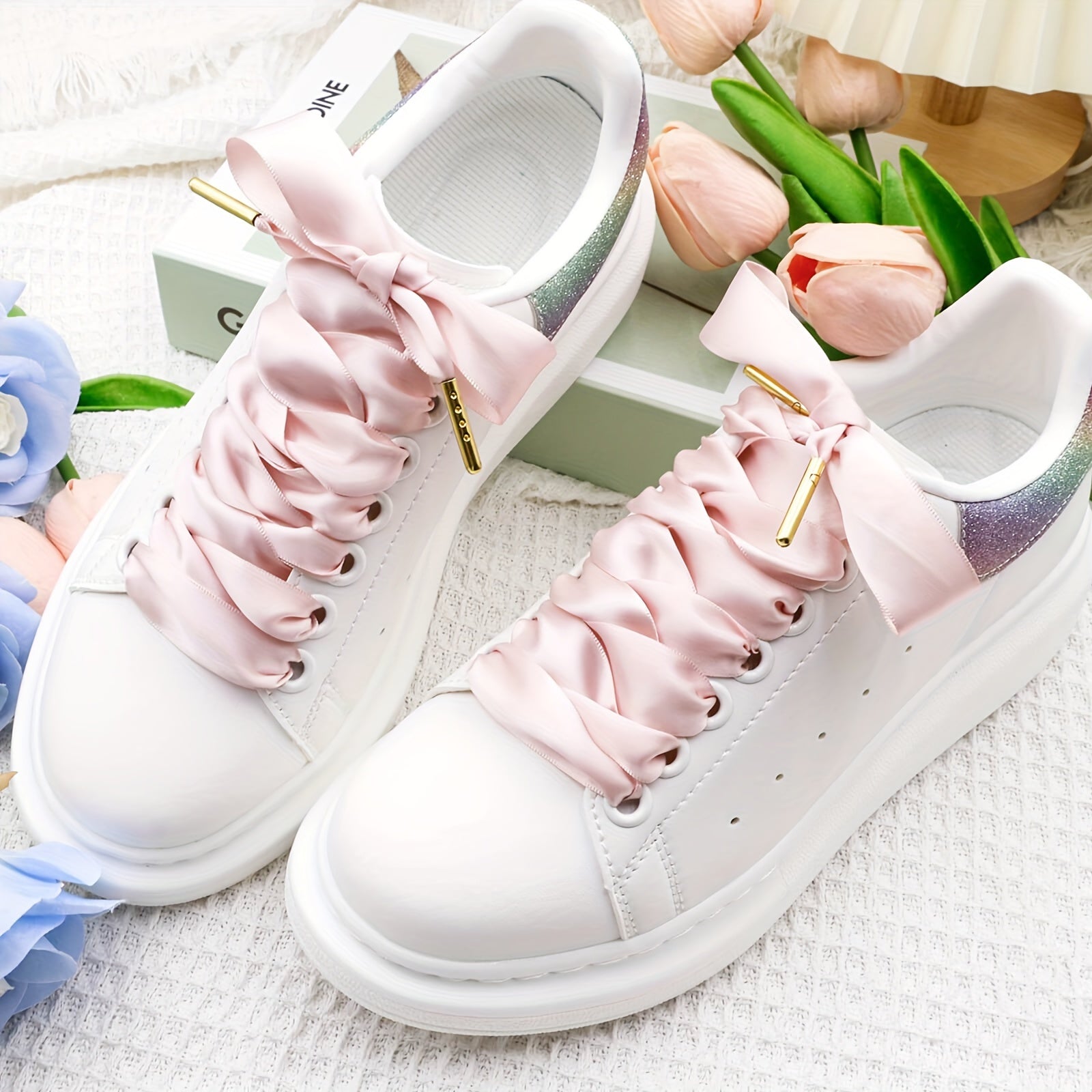 Women Girls Satin Ribbon Shoelaces Flat Wide Polyester 2 Pairs Black or Printed