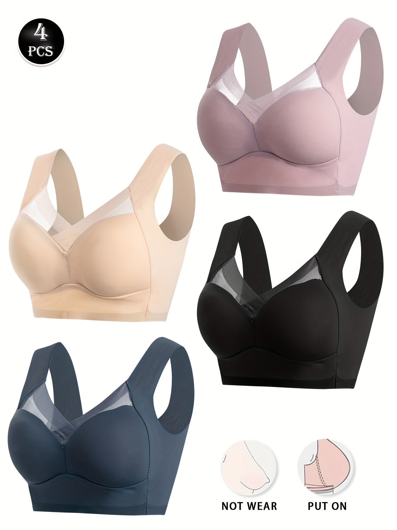 Women's Seamless Wireless Bra Set 4 Pack Non-Padded Comfortable Stretchy
