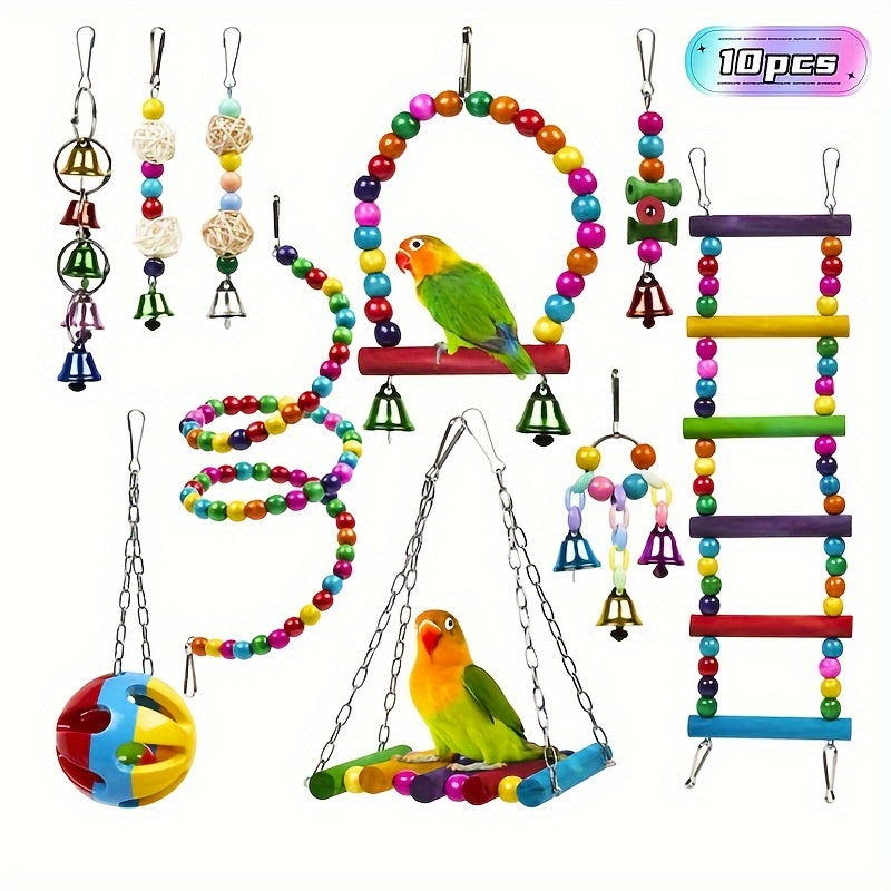 Bird Toy Set for Small and Medium Parrots Climbing Ladder Swing Bells Chew Toys 3-10 Pieces