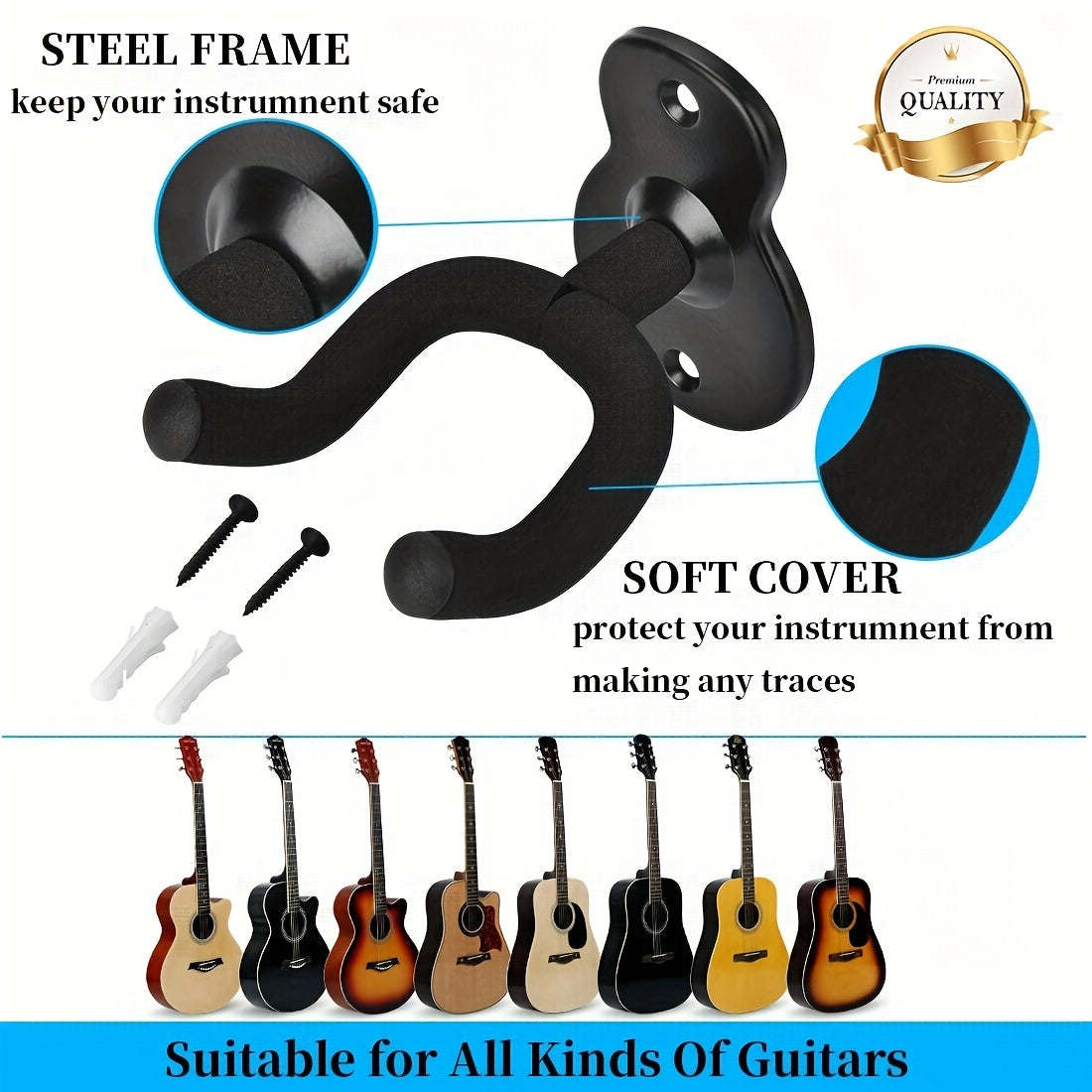 Wall Mounted Guitar Hooks Pack of 2 3 or 4 Black Iron Wall Mount for Folk Bass Electric Classical Guitars