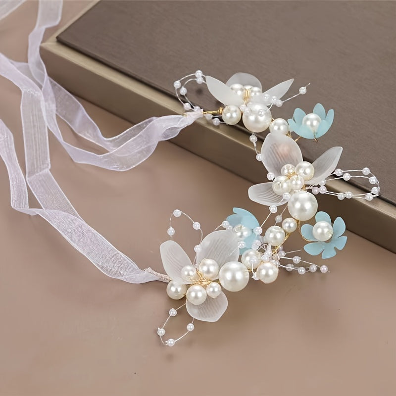 Romantic Bridal Headpiece with Faux Pearls Floral Wreath Ribbon Tie
