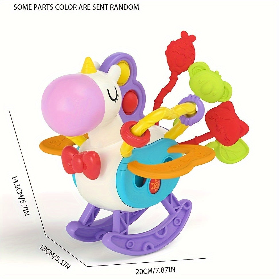 Unicorn mavzusidagi sezgi o'yinchoqlari, bolalar uchun mo'ljallangan, ta'limiy o'yin va tish chiqishida yordam berish uchun silikon tortish ipi faoliyatlari bilan. 6, 9, 12 va 18 oylik o'g'il va qizlar uchun mukammal tug'ilgan kun sovg'alari.