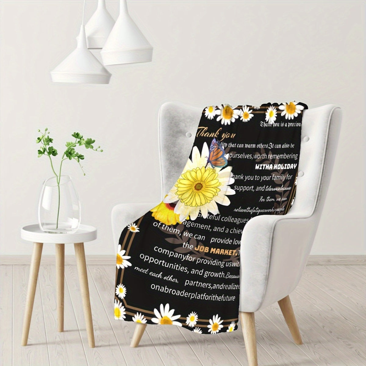 Knitted Polyester Throw Blanket with Thank You Message Floral Butterfly Design for All Seasons
