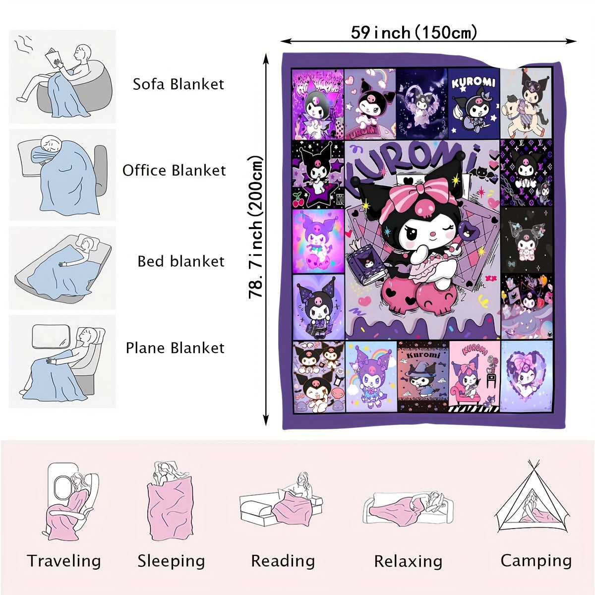 Kuromi Cartoon Flannel Throw Blanket for Kids and Adults Soft Cozy All-Season Bedding