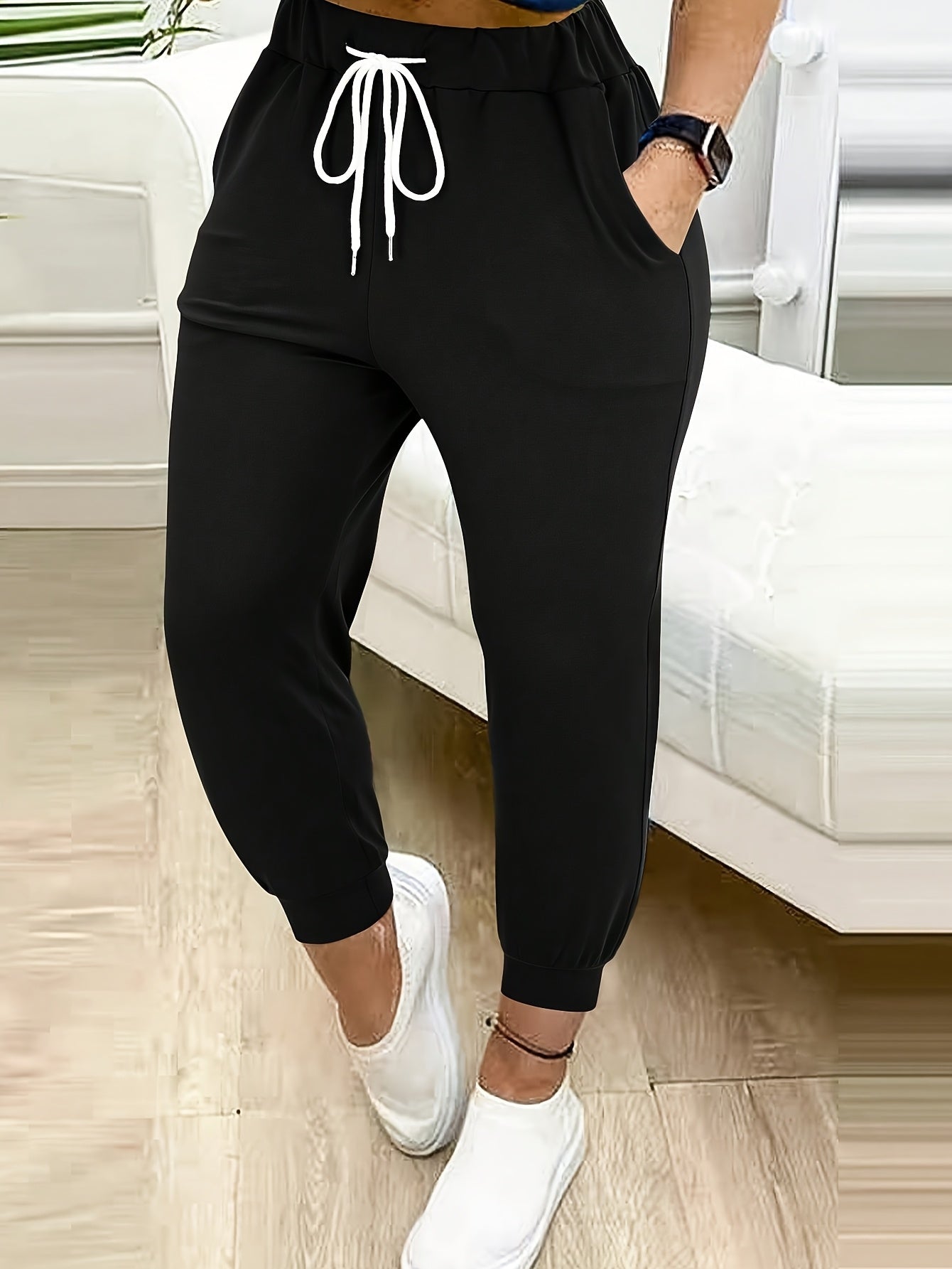 Plus Size Women's Bermuda Capri Pants With Drawstring Waist Black Casual Joggers