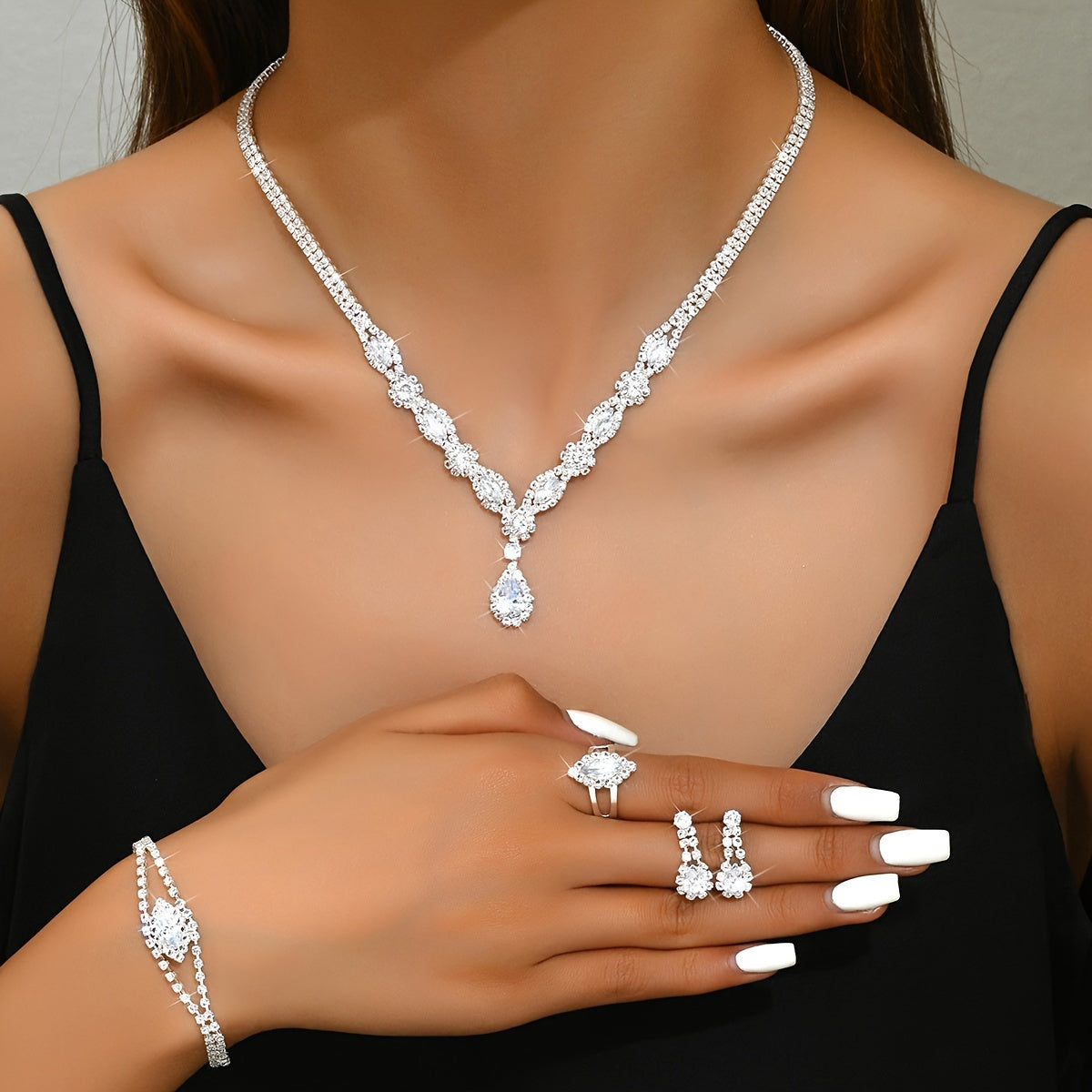 Set of 5 Silver-Plated Bridal Jewelry Water Drop Rhinestone Necklace Bracelet Earrings Ring for Weddings