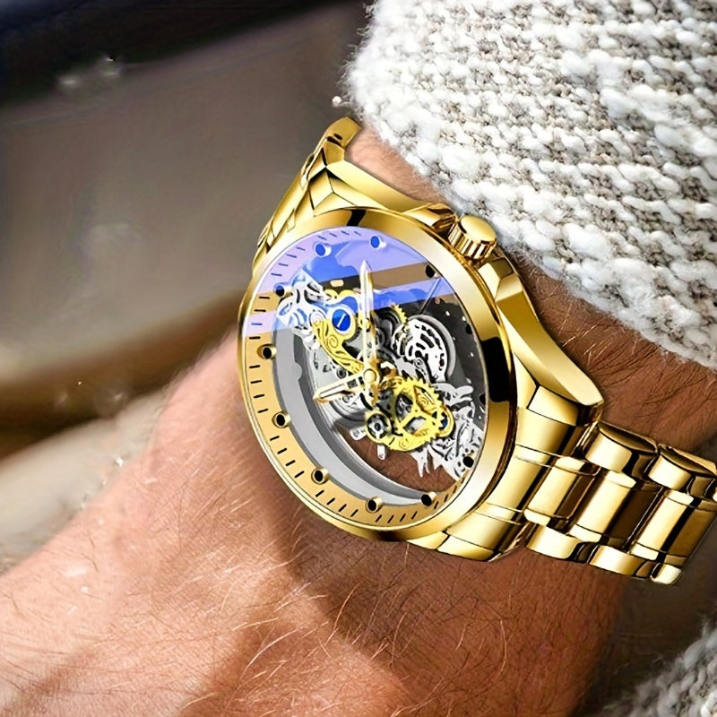 Men's Mechanical Watch Stainless Steel Luminous Dial Quartz Business Gold Watch