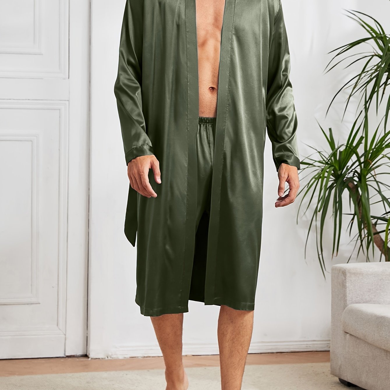 Men's Satin Casual Pajama Sets with Solid Robe and Loose Shorts