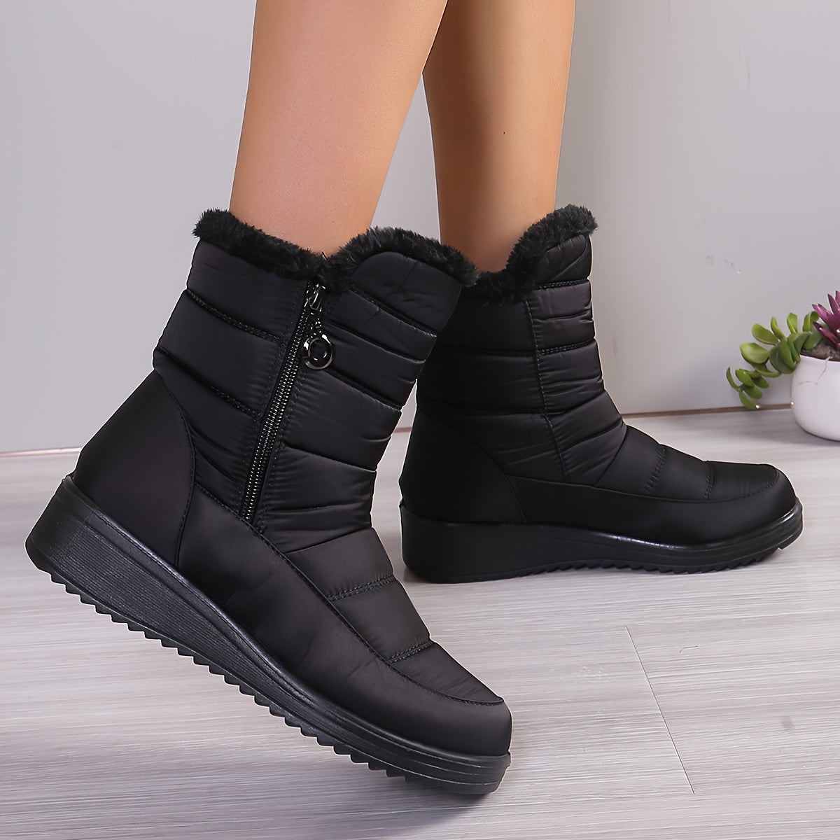 Women's Mid-Calf Winter Boots Plush Faux Fur Side Zipper Quilted Purple