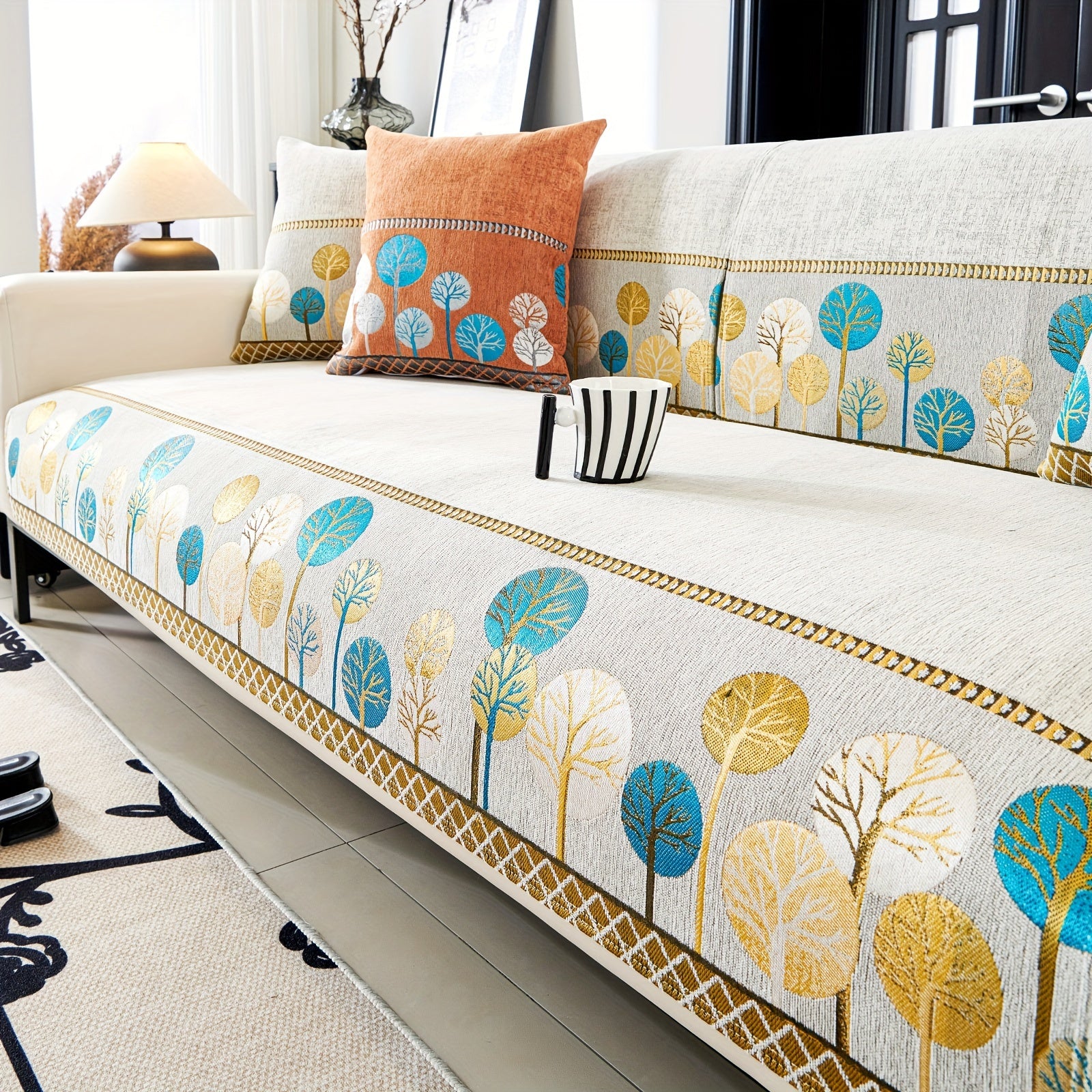 Chenille Sofa Cover with Tree Embroidery Pet-Friendly Slip-Resistant Easy to Clean Fits Various Sofa Sizes for Living Room and Home Decor