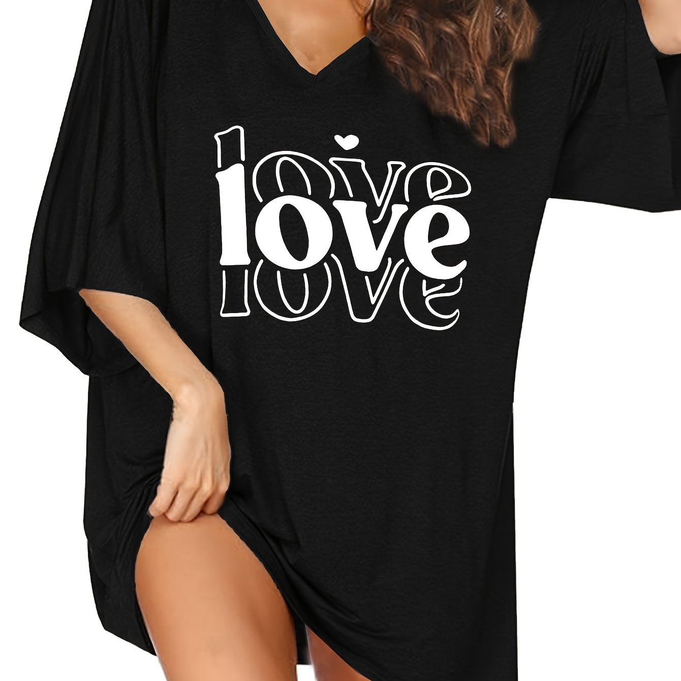 Women's Plus Size Black Love Heart Print Sleepshirt Lounge Nightgown