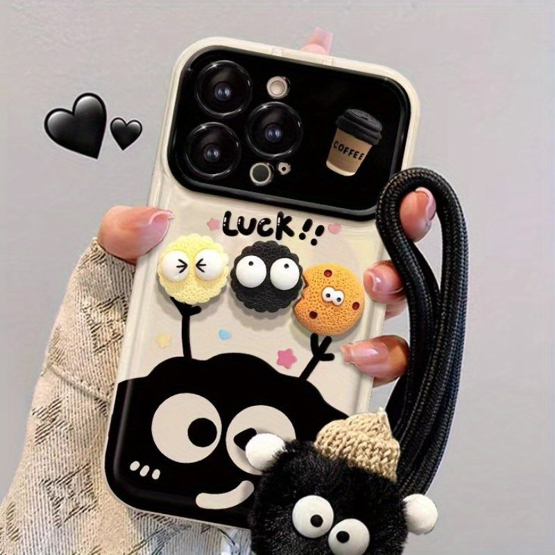 Large Window Flip Mirror Phone Case for iPhone with Coal Ball Coffee Doll Design Full Cover Edge Anti-Fall TPU