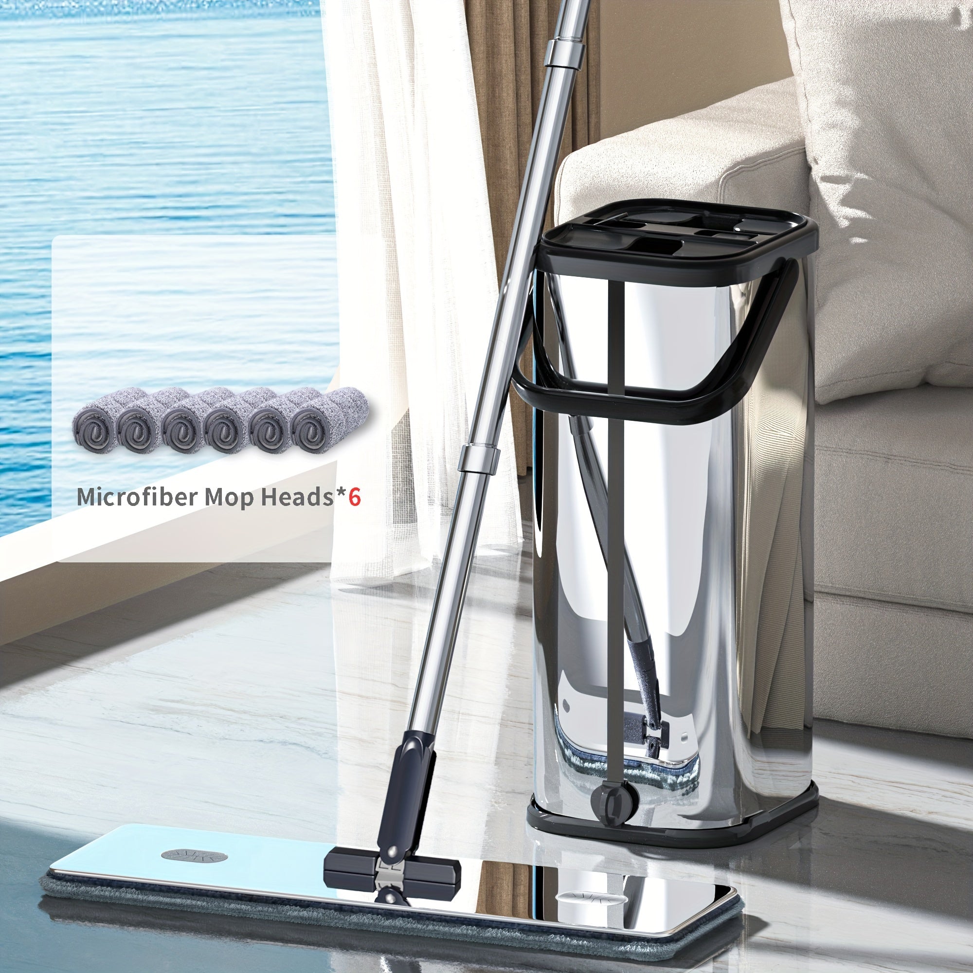 Stainless Steel Flat Mop and Bucket Set for Kitchen Bathroom Living Room