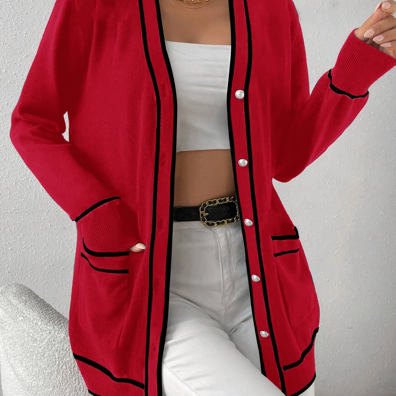 Plus Size Black White Cardigan Sweater with Pearl Buttons for Women