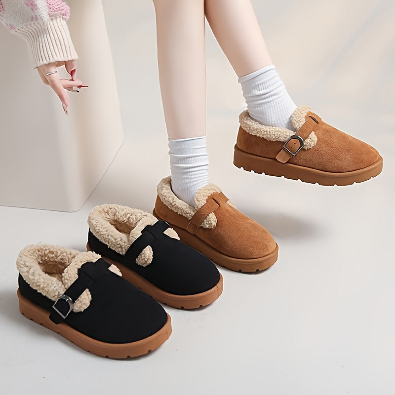 Women's Cozy Winter Ankle Boots Plush Lined Buckle Casual Brown Rubber Sole