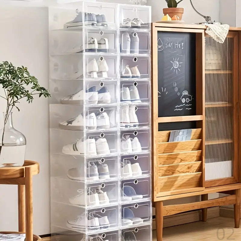 6 ta Shaffof Oq Qiyin Qutilar to'plami Qalin Plastikdan yasalgan - Oson Kirish uchun Flip-Top Qopqoq bilan. Uy va Oshxona Tashkiliy uchun mukammal, Krossovka Ko'rsatish va Kiyimlar Tashkiliy uchun Shaffof Ko'rinish Dizayni bilan. Minimalist.