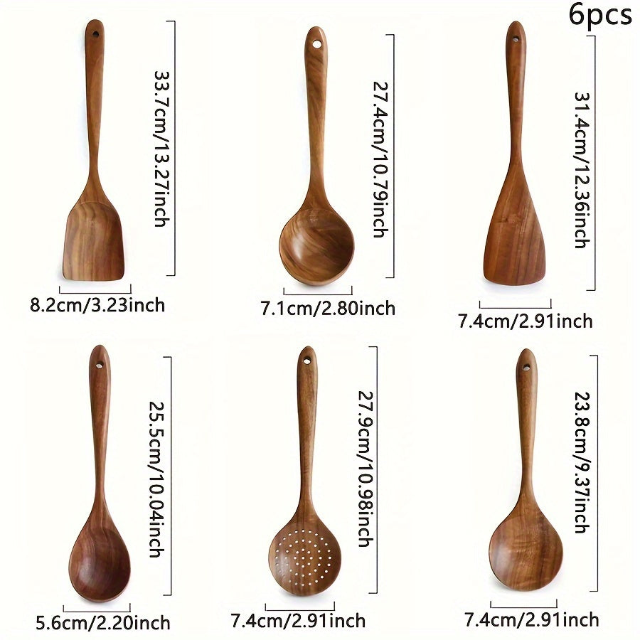 Set of 6 Wooden Spoons and 5 Kitchen Utensils for Cooking in Classic Wooden Design