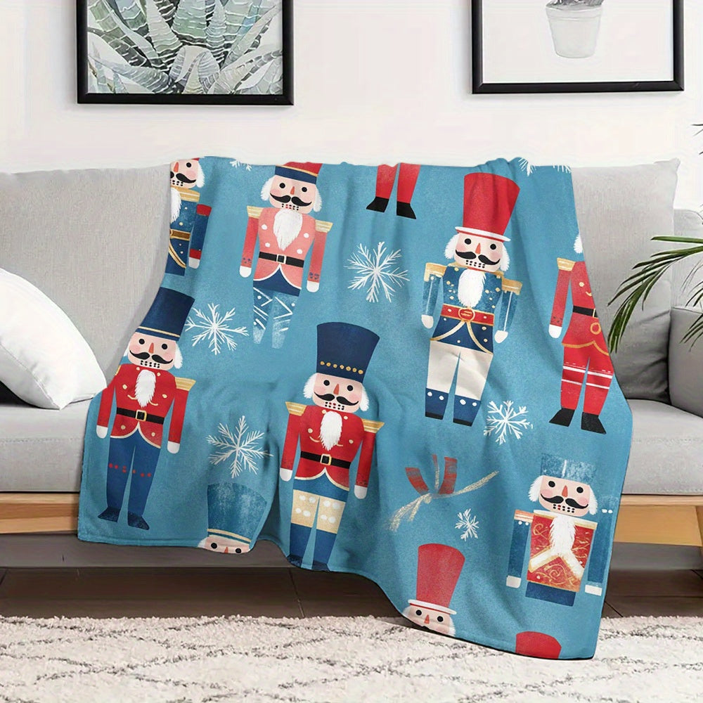 Cozy Flannel Throw Blanket with Cartoon Nutcracker Pattern for All Seasons Quilted Polyester Warmth