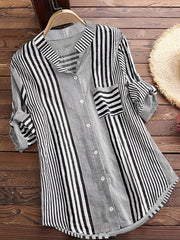 Blusa casual de rayas para mujer de tallas grandes con botones y mangas enrollables
