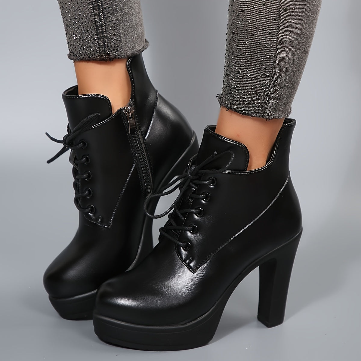 Women’s Black PU Platform Ankle Boots with Zipper, High Heel, Casual or Dress
