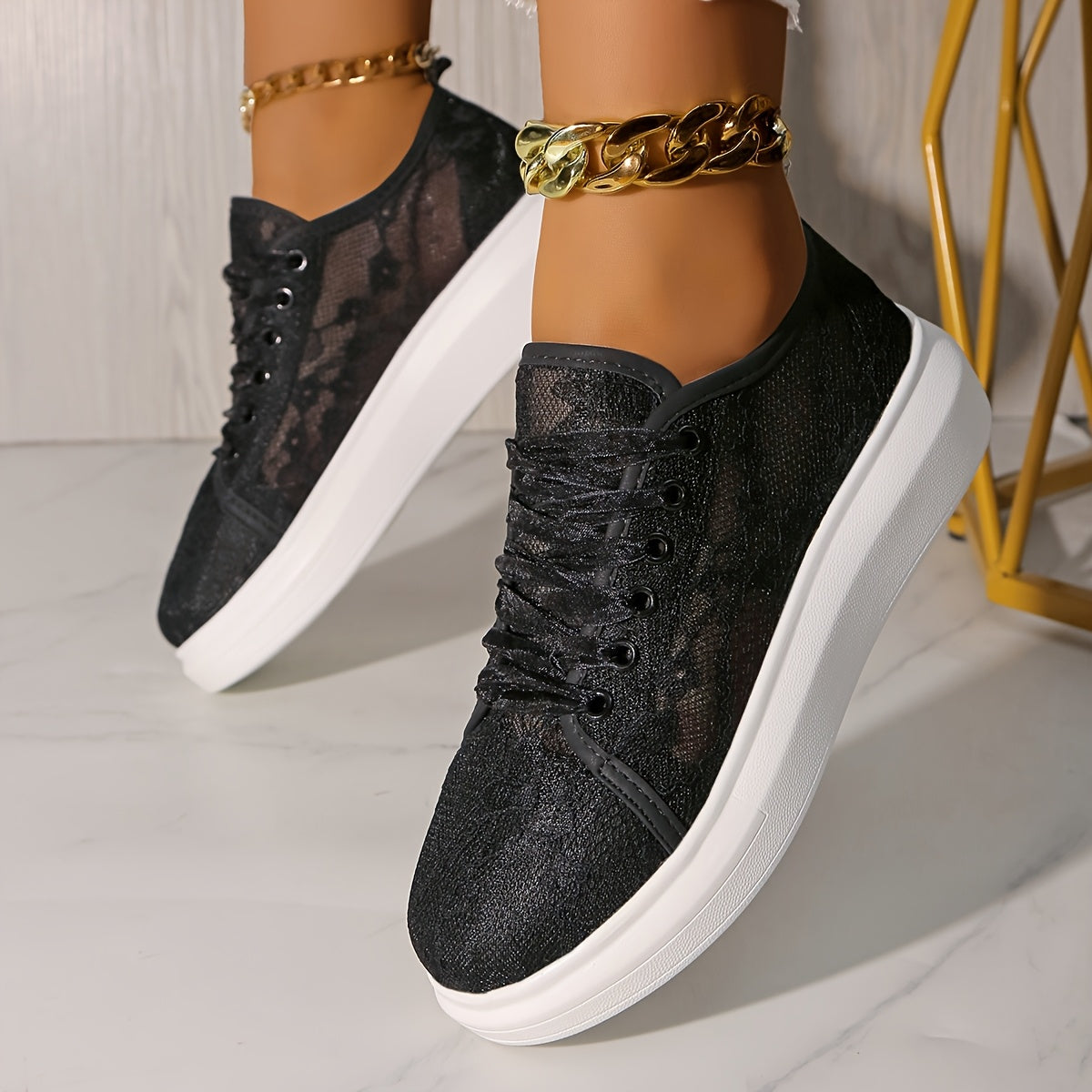 Women's White Floral Lace Mesh Breathable Sneakers for Walking and Travel